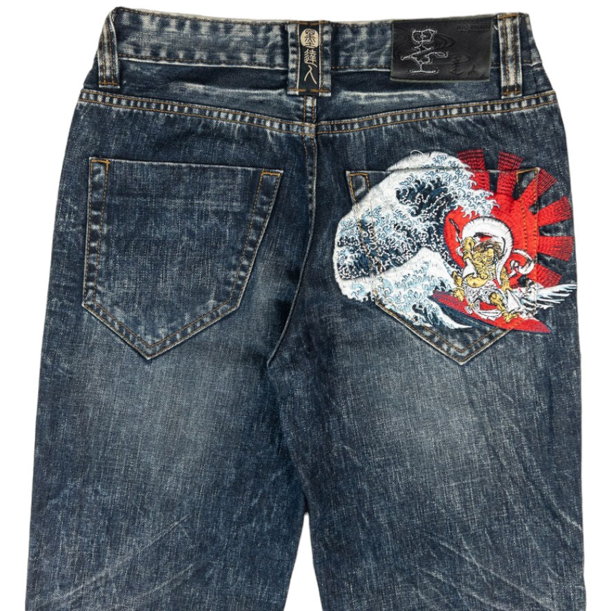 Vintage Big Train Embroidered Wave Japanese Denim Jeans Size W29