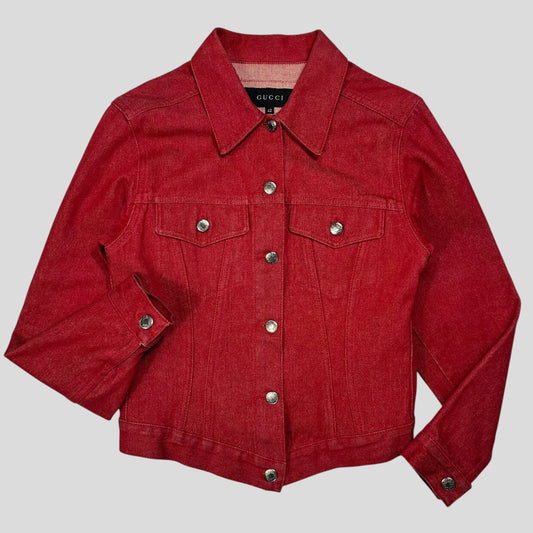 Gucci by Tom Ford 1999 Red Denim Cropped Front Drop Jacket - IT42