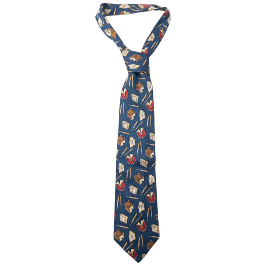 Vintage 90s Burberry Book & Pen Pattern Silk Tie | O/S, Blue