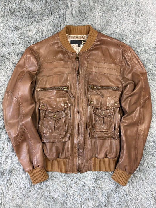 Just Cavalli SS07 Leather 3D Cargo Pocket Pleated Western Bomber - M | O/S, Brown