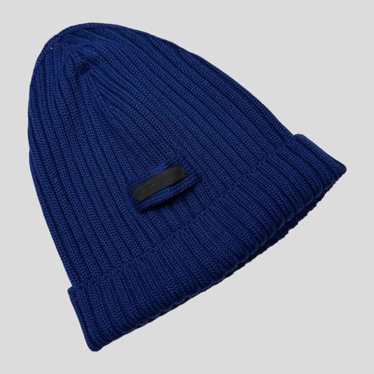 Prada 2020 Virgin Wool Blue Ribbed Logo Beanie
