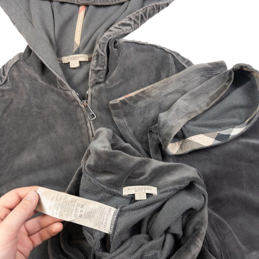 Vintage Burberry Ruched Velour Zip Up Hoodie & Joggers Set Womens Size S