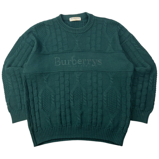 Vintage 90s Burberry Embroidered Cable Knit Jumper Size L