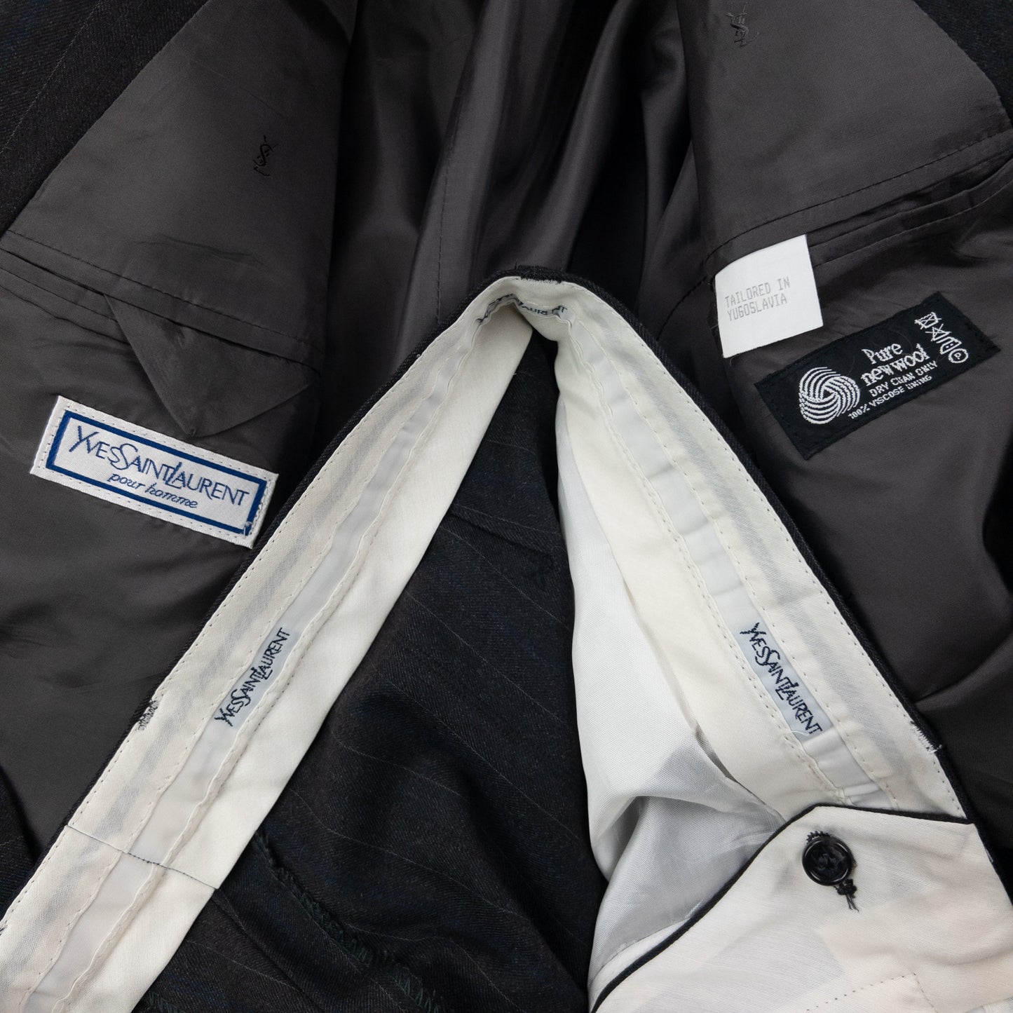 Vintage 80s YSL Yves Saint Laurent Jacket & Trousers Wool Suit Set Size XL | XL, Grey