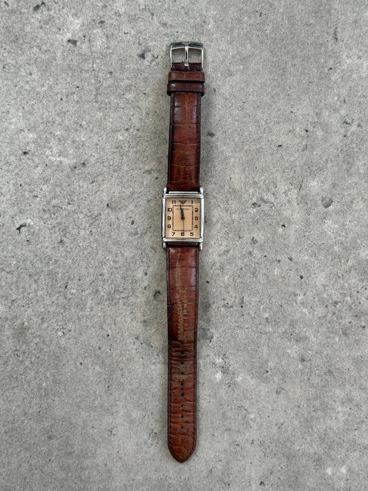 Emporio Armani 2000s leather rectangular quartz watch with black dial and silver case, stylish and elegant accessory.
