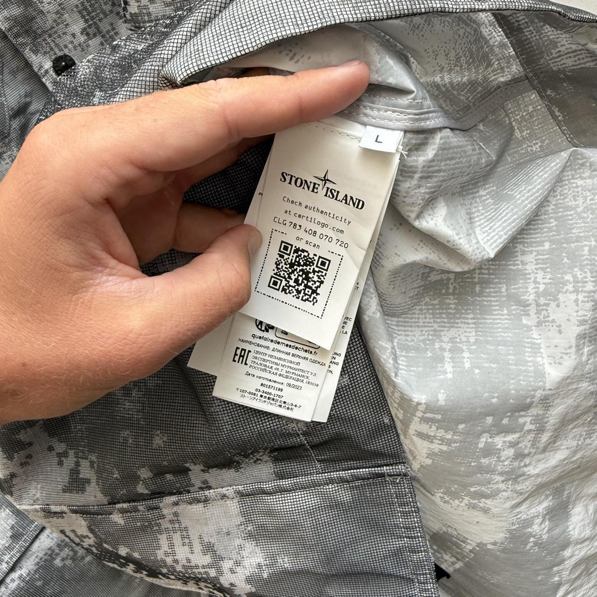 Stone Island 2024 DSM Dissolving Grid Camo Mesh reflective Nylon Parka Jacket (L) | Large, Camo