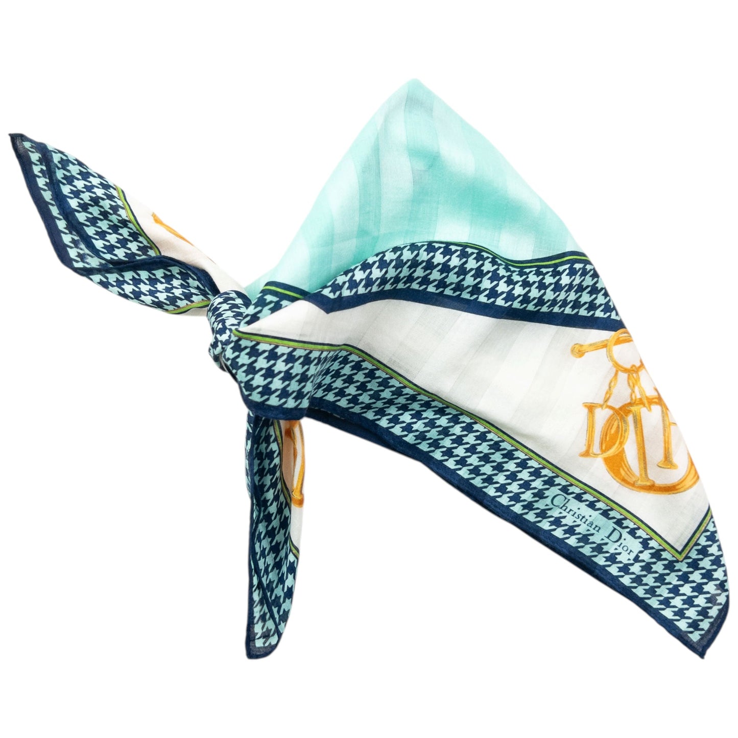 Vintage 90s Dior Houndstooth Silk Scarf | O/S, Blue, White, Yellow