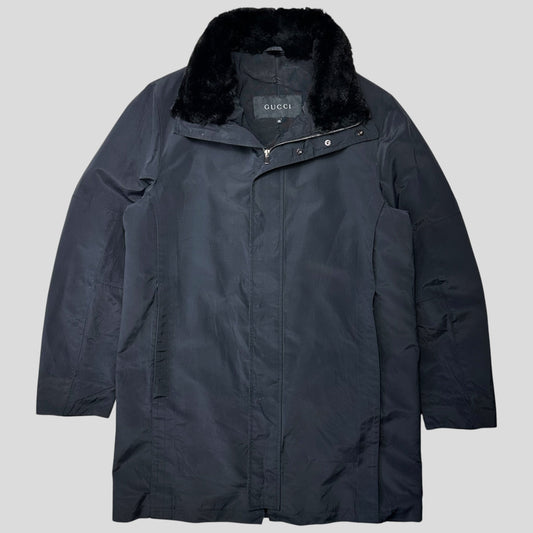 Gucci by Tom Ford 1999 Ballistic Nylon Taped Seam Shearling Collar Coat - L