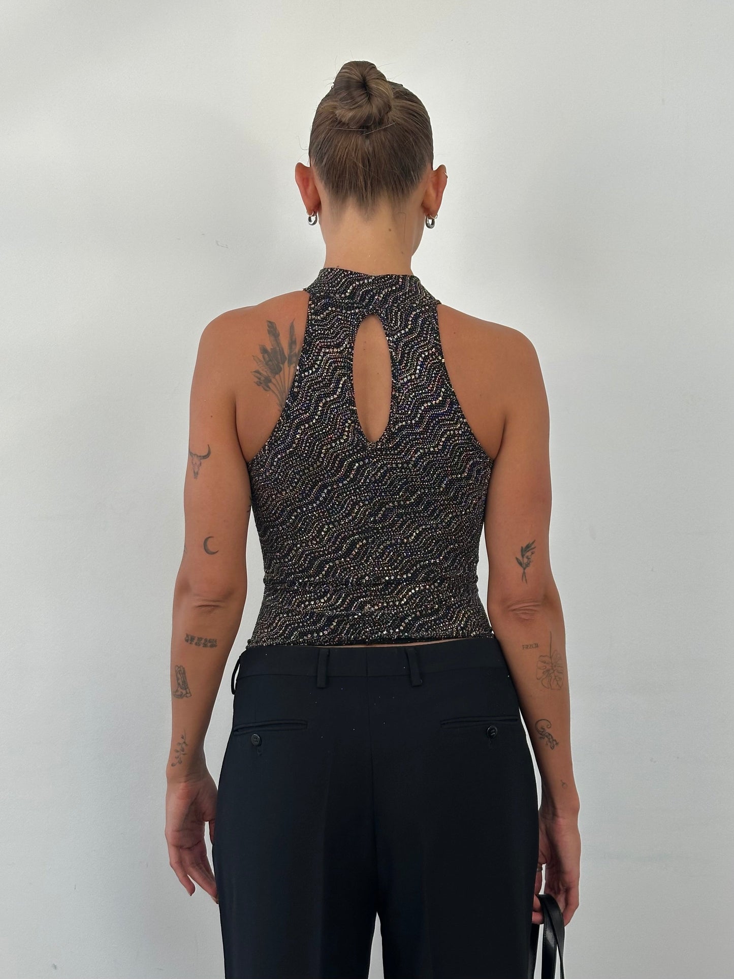 French Vintage Sleeveless Glittery High Neck Top - S