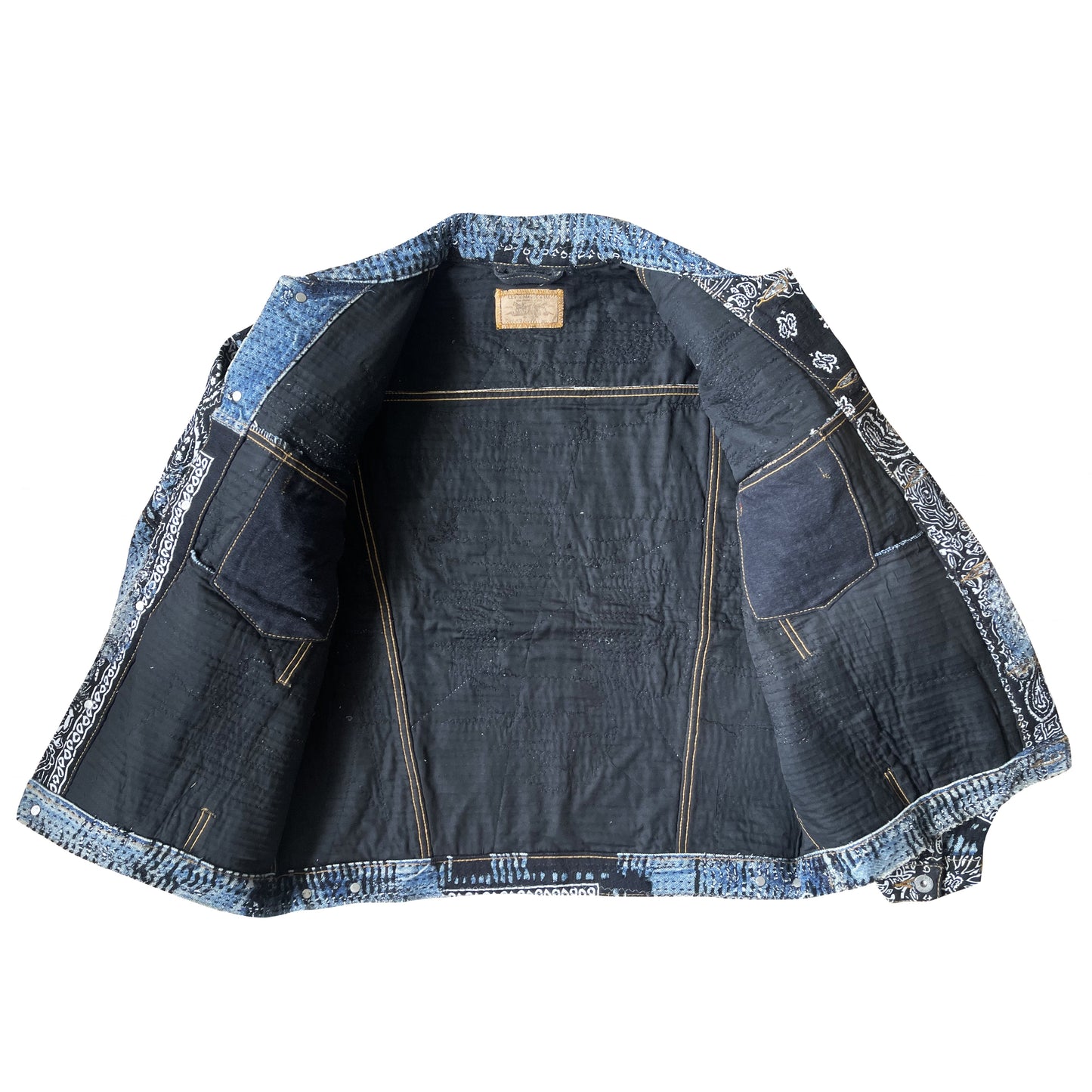 Boro Patchwork Sashiko Distressed Denim Trucker Jacket - L | Large, Black and Blue