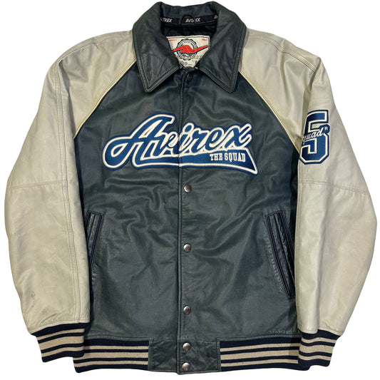 Avirex Spellout Leather Jacket In Navy & Cream ( L )