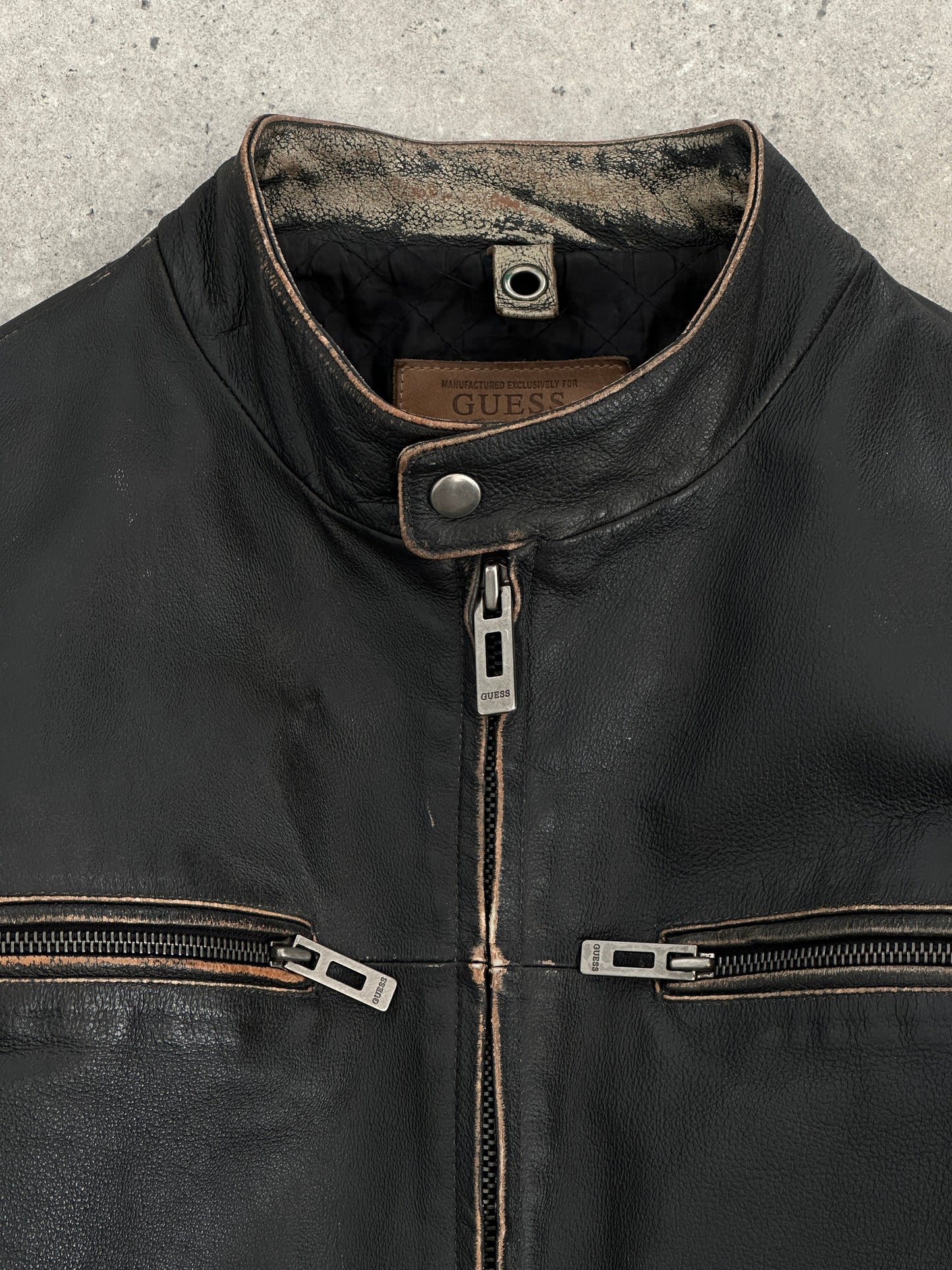 Guess Distressed Moto Leather Jacket - L