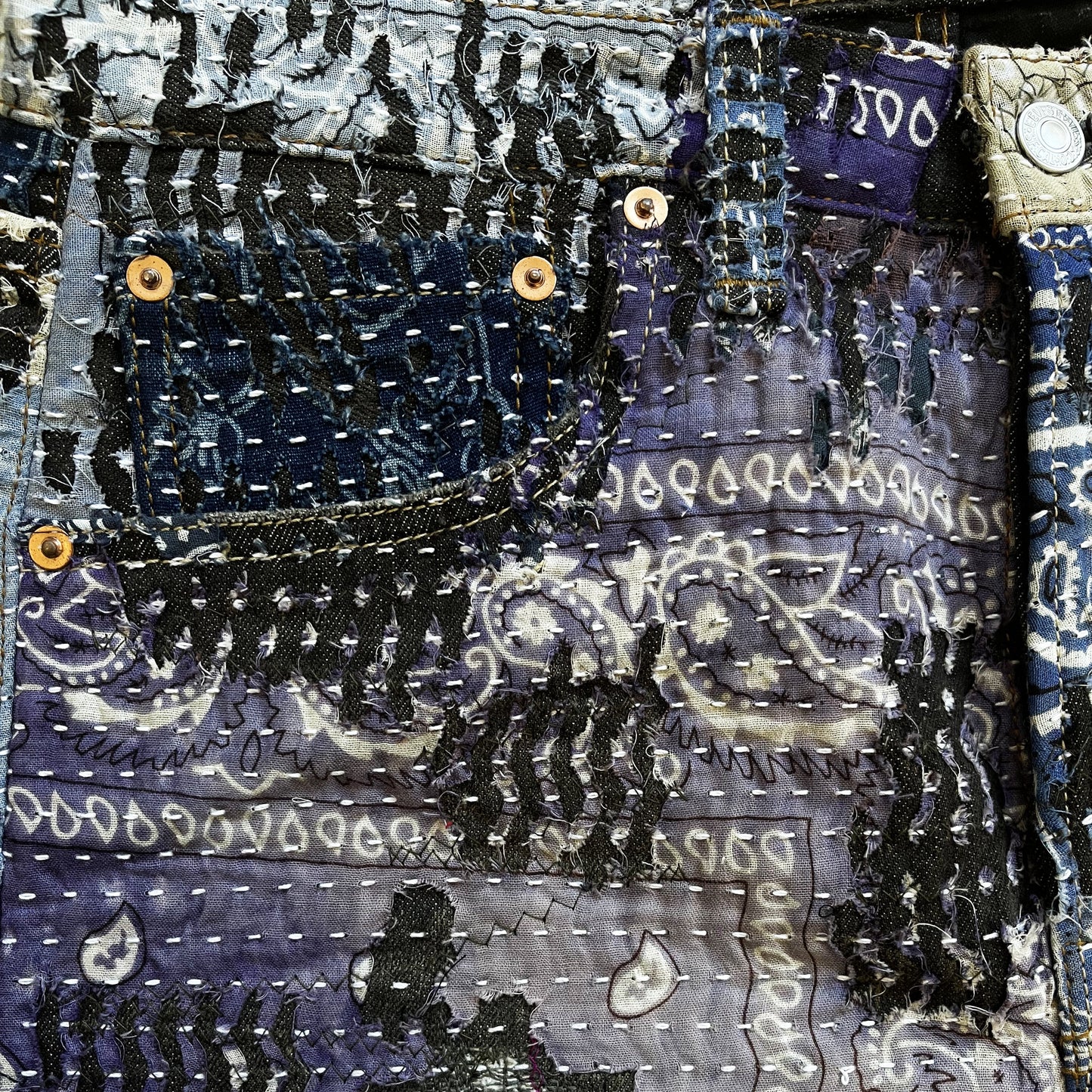 Boro Patchwork Sashiko Distressed Jeans - W32" | W32, Indigo