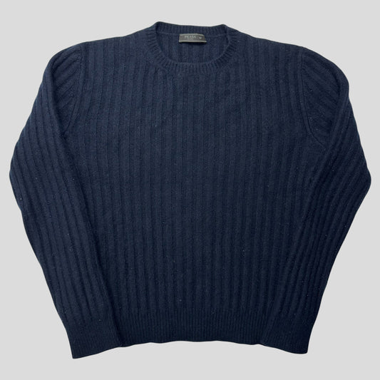 Prada Milano 00’s 3D Ribbed Navy Wool Knit Sweater - S