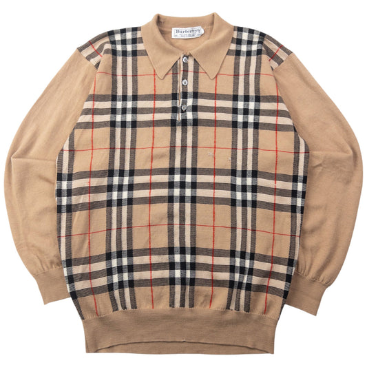 Vintage 90s Burberry Nova Check Wool Polo Jumper Size S | Small, Beige