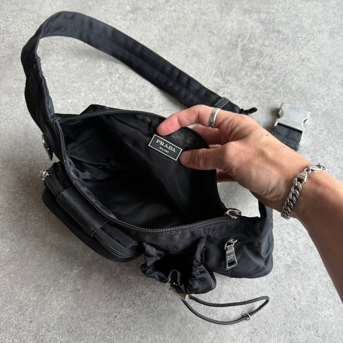 Prada 2000s technical cross body nylon bag (13”x6”)