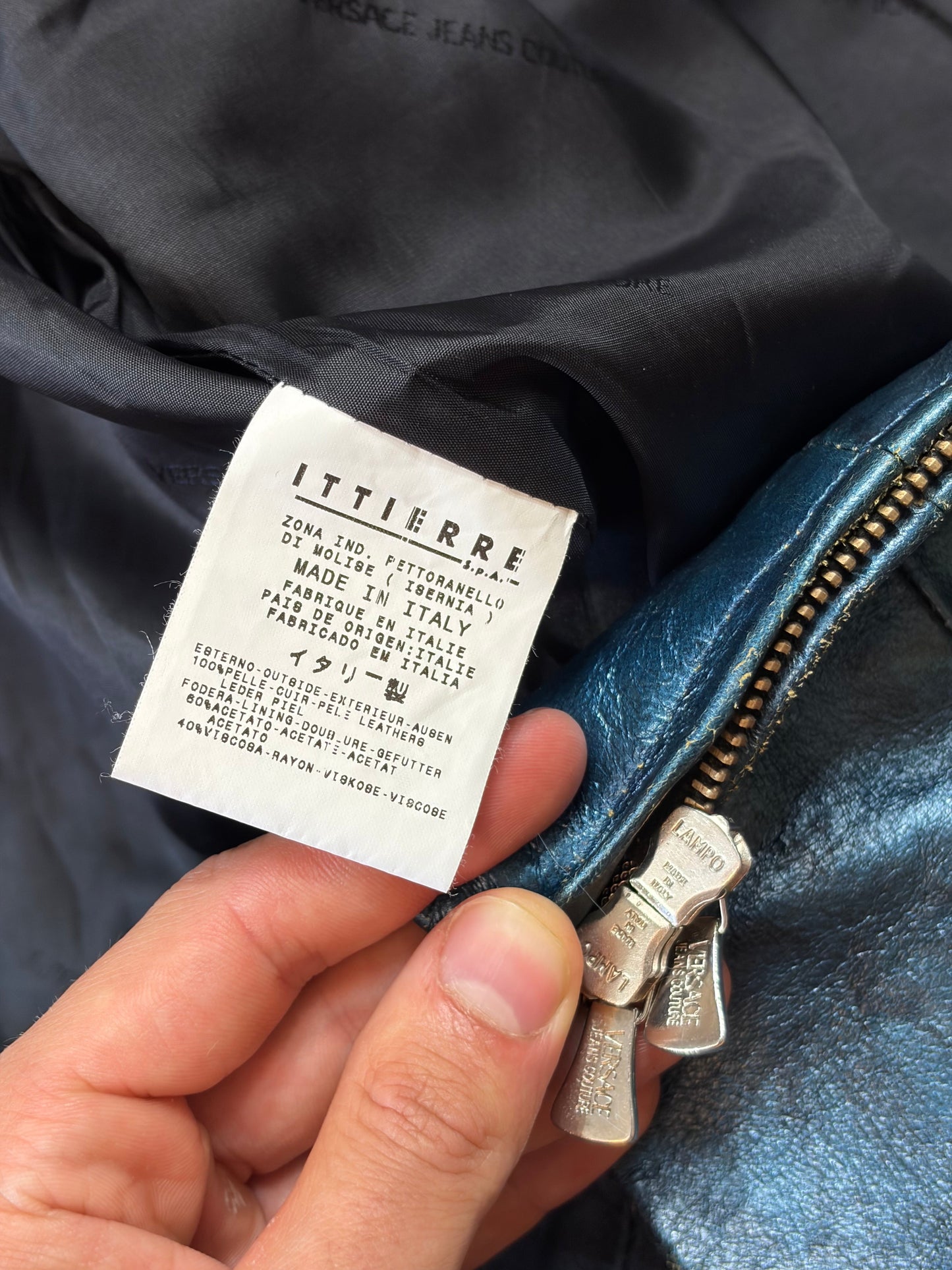 Versace VJC 00’s Blue Leather Metallic Rockstar Jacket - L | O/S, Multicoloured