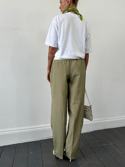 Vintage Linen Blend Satin High Waisted Straight Leg Pleated Tailored Trousers - W32