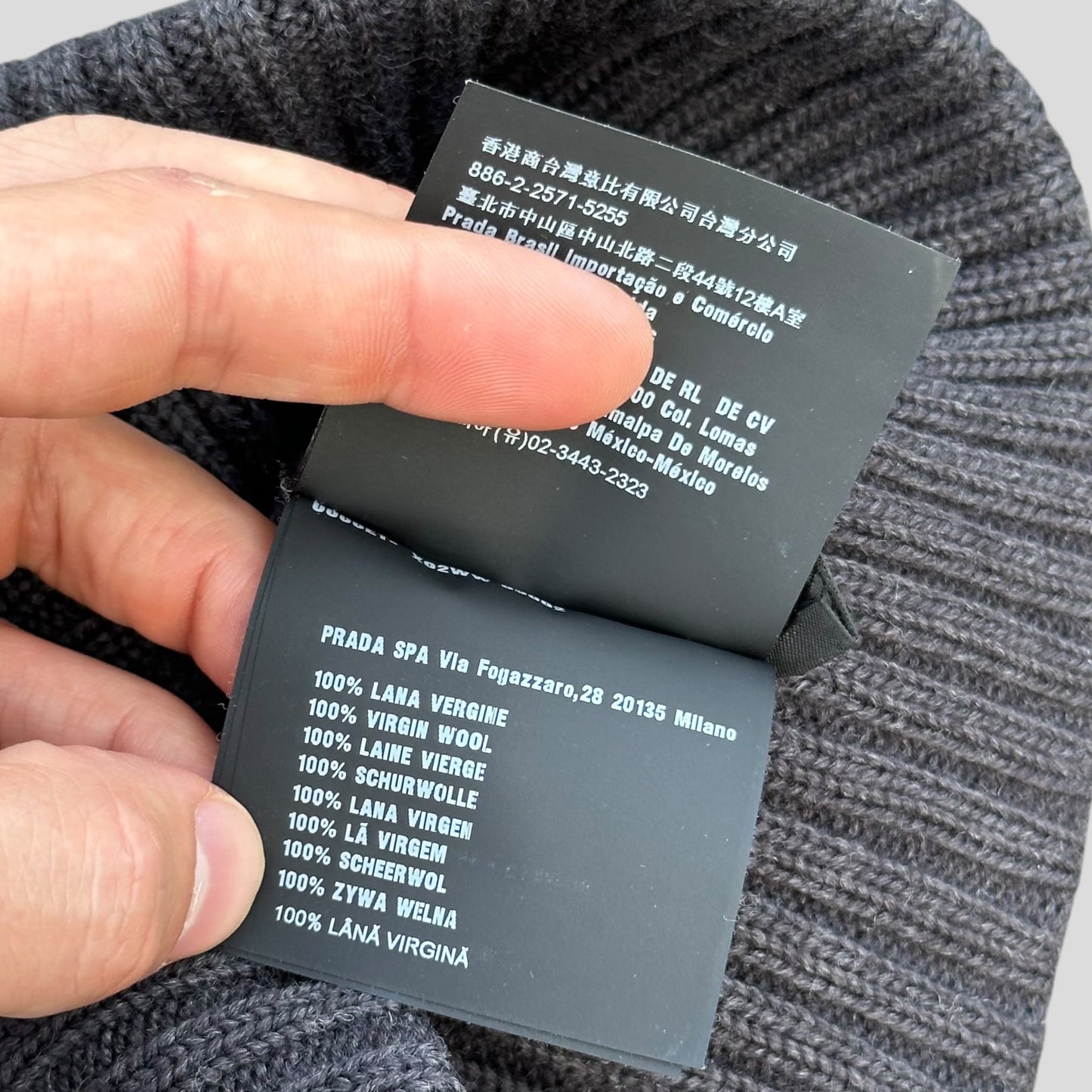 Prada 2020 Virgin Wool Ribbed Logo Beanie - M