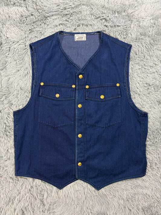 Gianni Versace 1992 Medusa Studded Indigo Denim Vest - IT50 | O/S, Gold