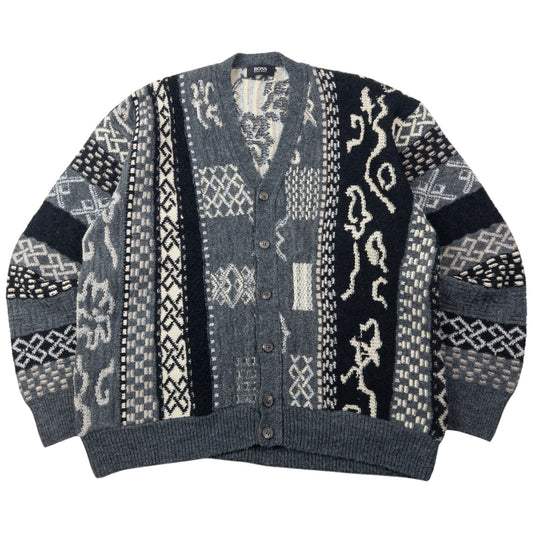Vintage 90s Hugo Boss Pattern Wool Knit Cardigan Size L | Large, Grey