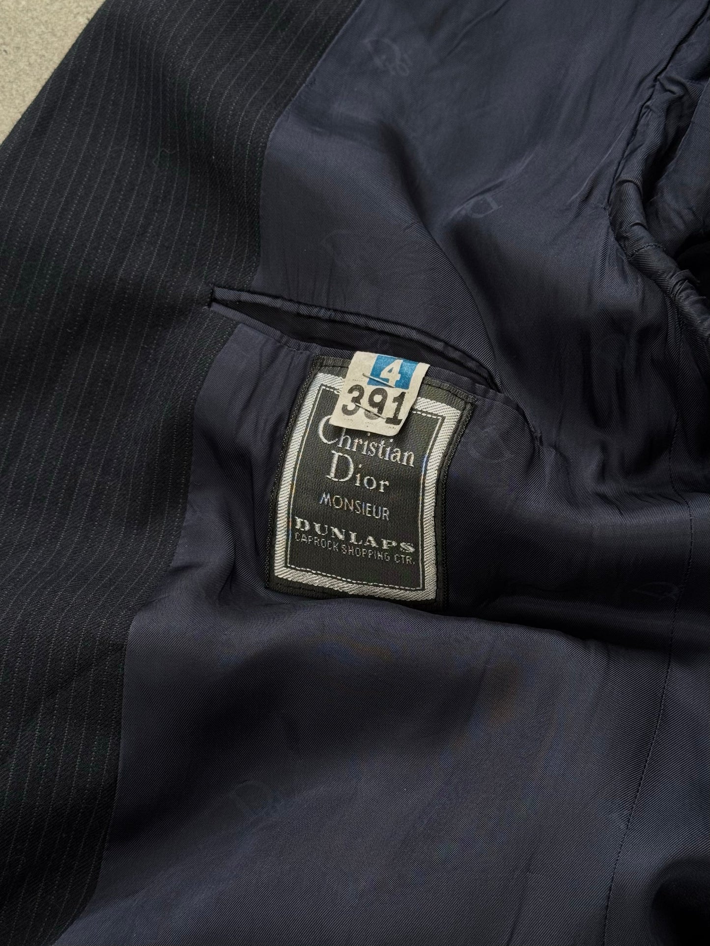 Christian Dior Monsieur 1980s wool striped blazer in size 40R, tailored fit with classic navy and white vertical stripes.