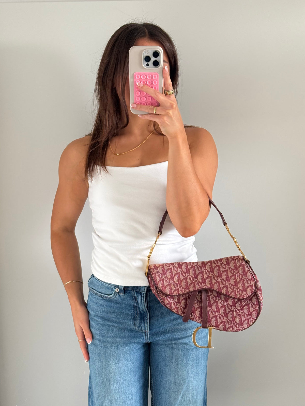 Vintage Christian Dior Monogram Bordeaux Red Saddle Shoulder Bag | O/S, Multicoloured
