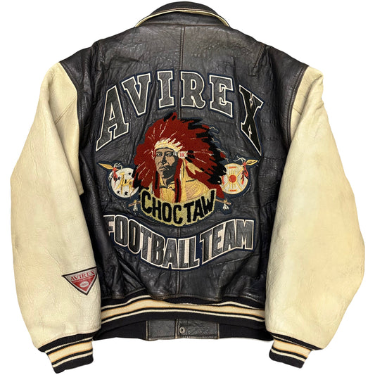 Avirex Choctaw Football Team Leather Jacket In Navy & Cream ( L )