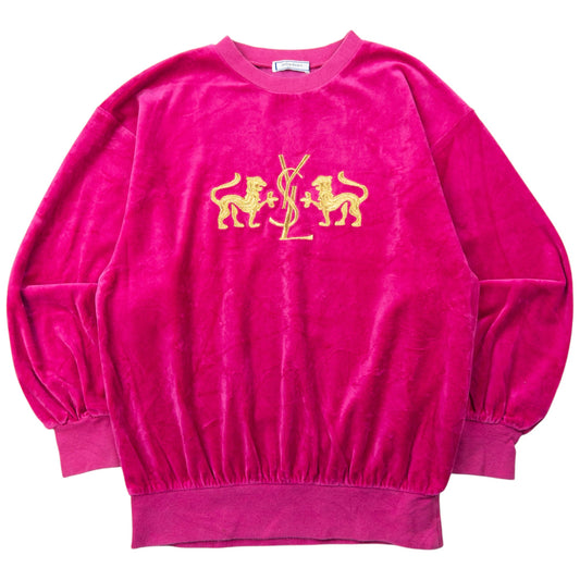 Vintage 80s YSL Yves Saint Laurent Embroidered Velour Sweatshirt Womens Size M | Medium, Pink