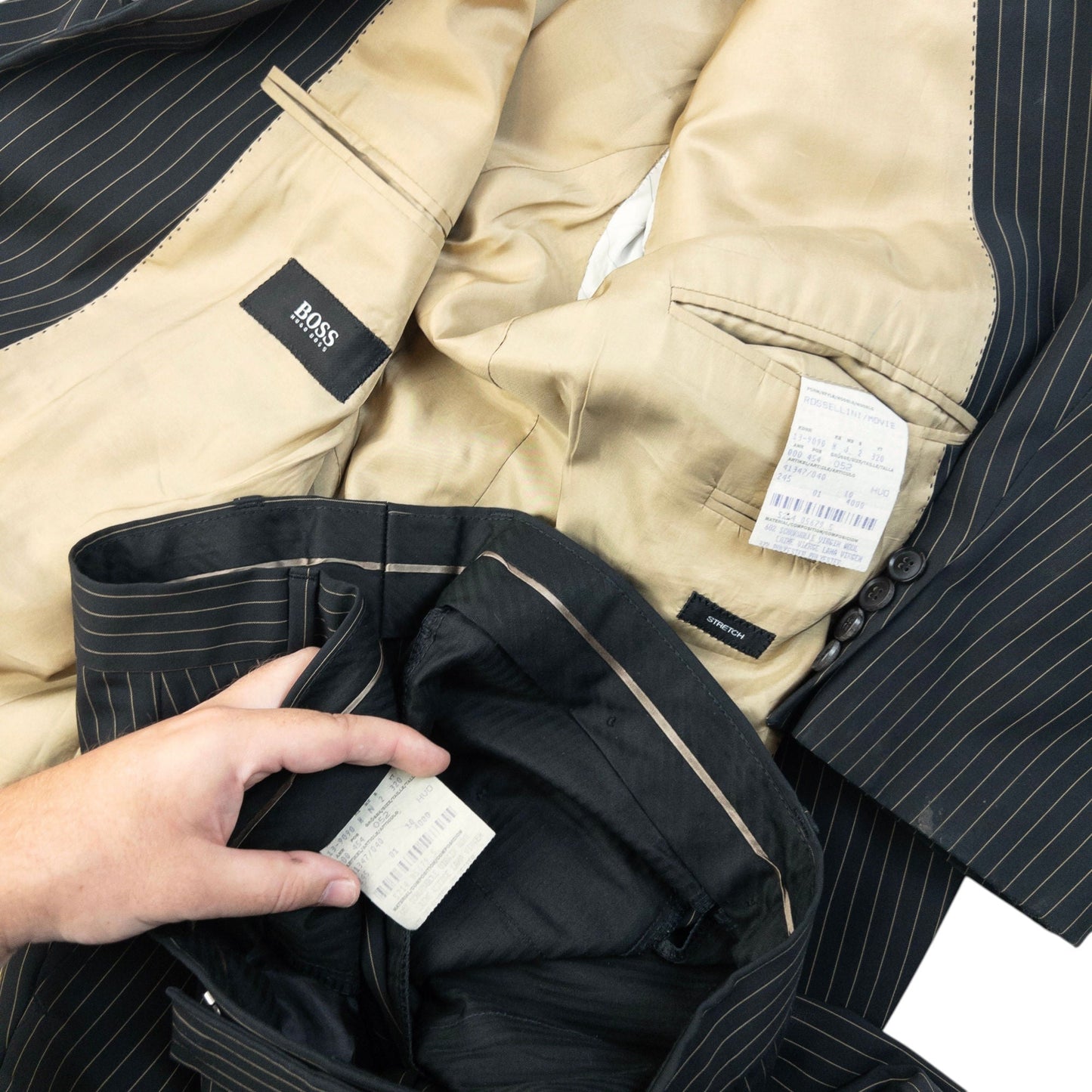 Vintage 2000s Hugo Boss Rossellini Movie Pinstripe Jacket & Trousers Suit Set Size XL | XL, Brown