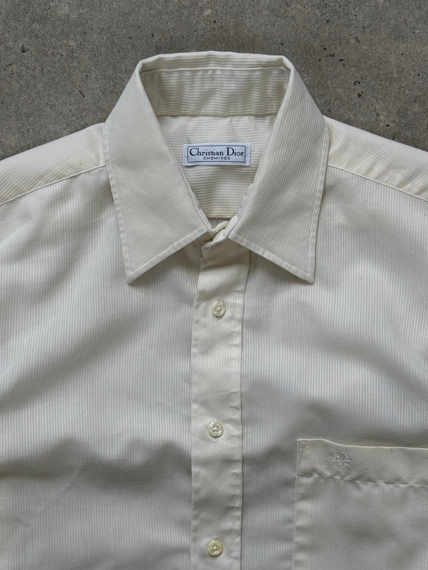 Christian Dior 1980s cotton logo shirt, men's size S, classic vintage button-up shirt with Dior branding and striped details.