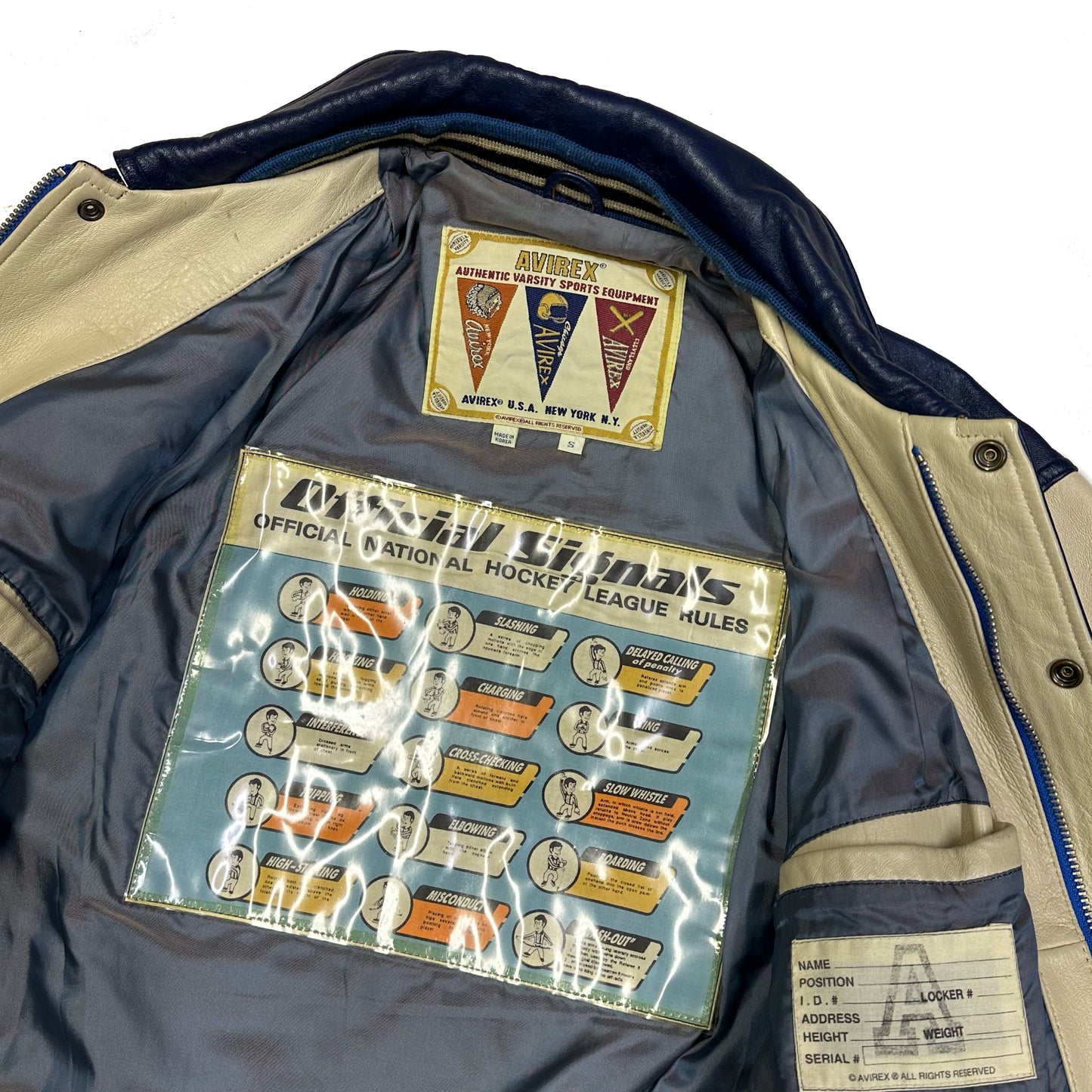 Avirex Goalers Leather Jacket In Navy & Beige ( S )