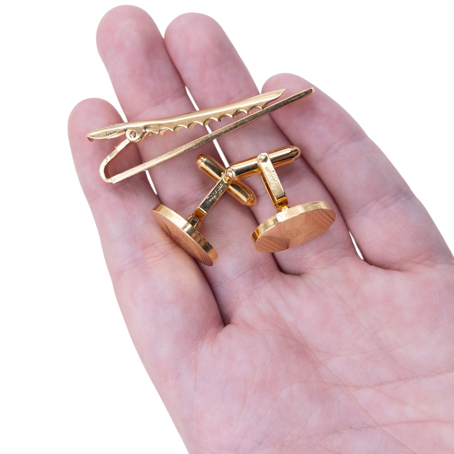 Vintage 80s Dior Embossed Cufflinks & Tie Clip Set | O/S, Gold