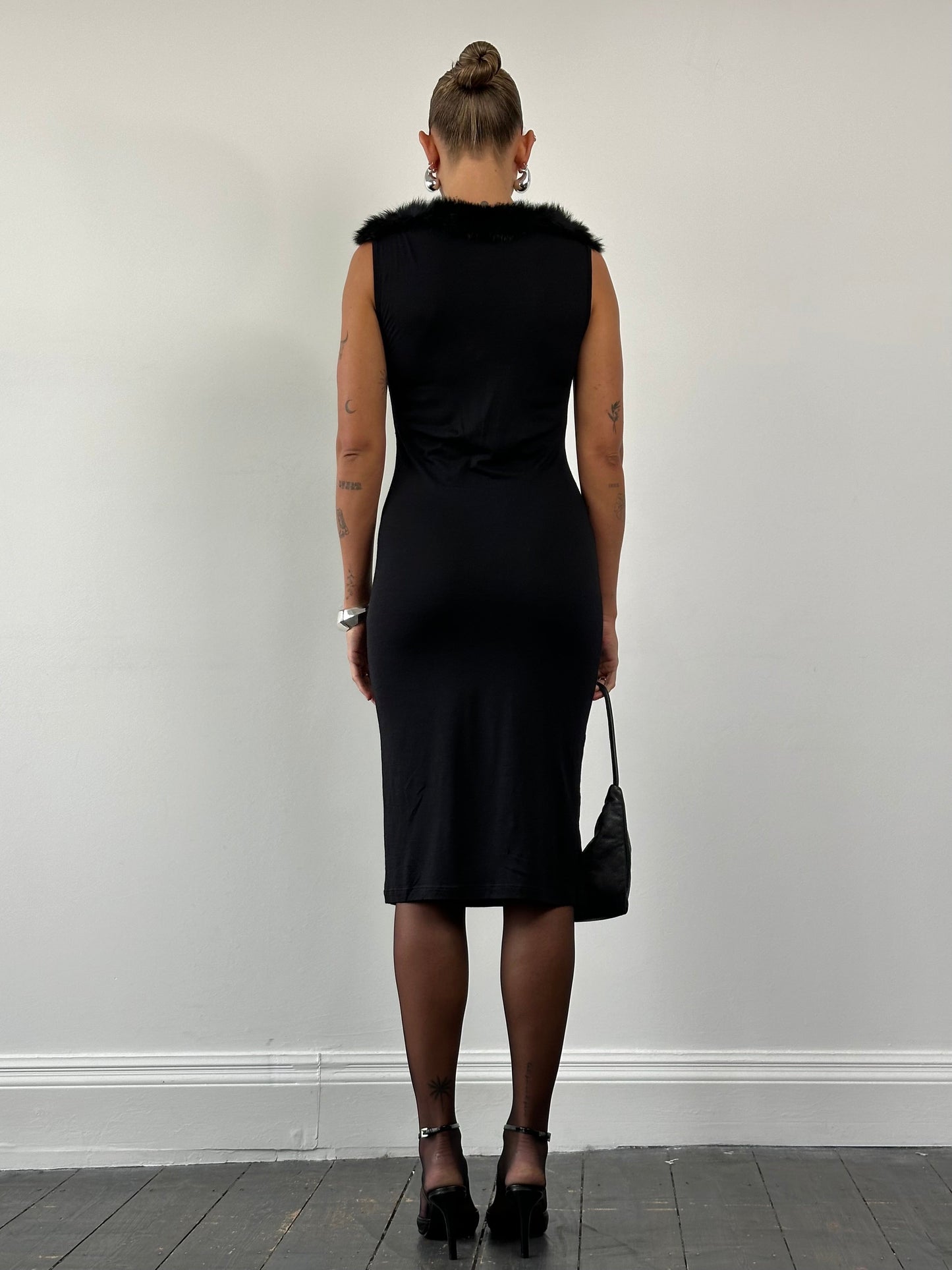 Moschino 1990s Feather Trim Boat Neck Midi Dress - S/M