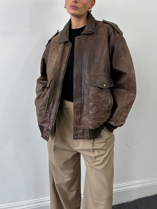Vintage Distressed Leather Bomber Jacket - XL