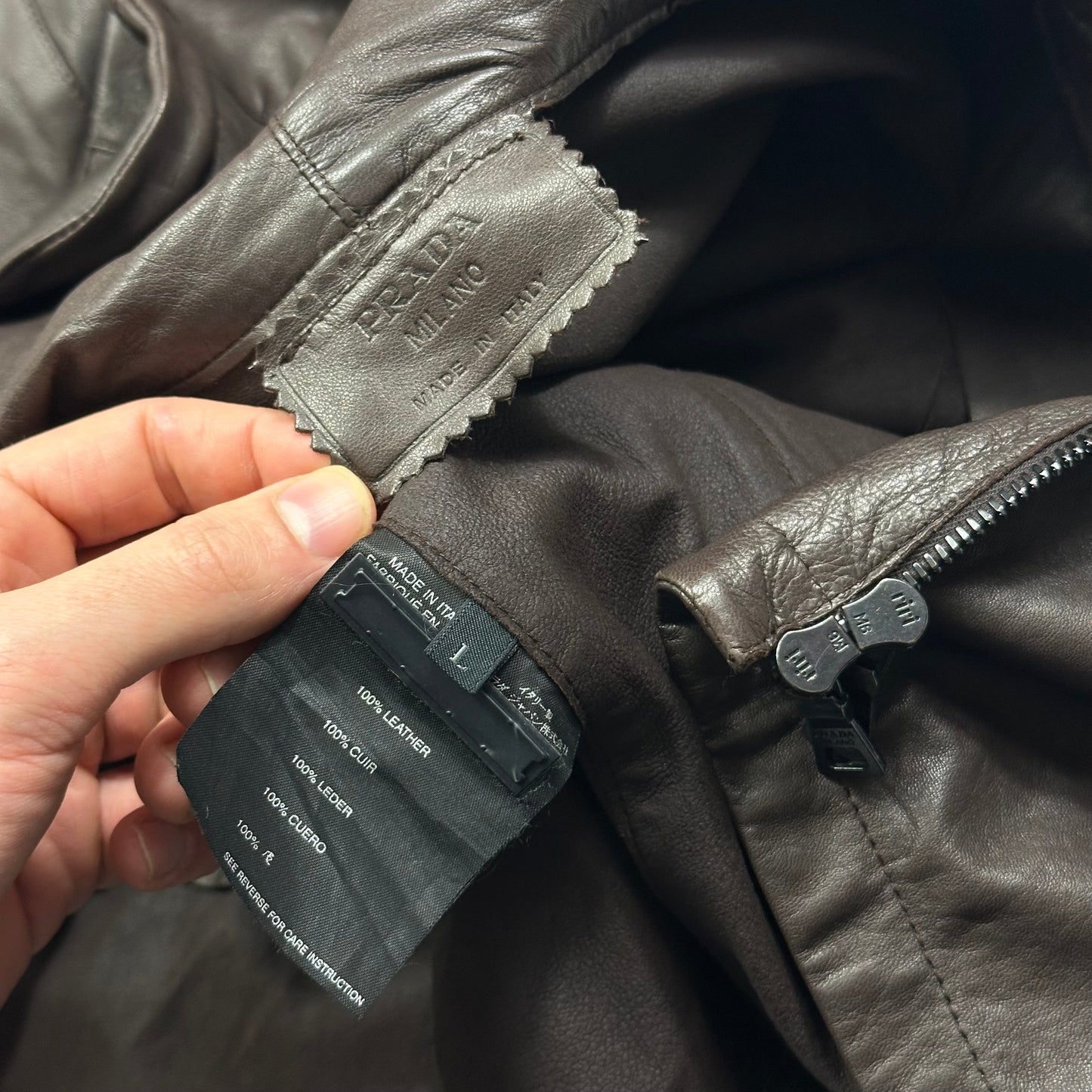 Prada Milano 00’s Nappa Leather Stash Pocket Hooded Jacket - L