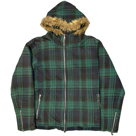 Takeo Kikuchi Plaid Hoodie In Green With Fur Hood ( L )