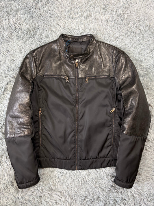 Prada Milano 2011 Gabardine Nylon Leather Hybrid Biker Jacket - S/M | O/S, Black