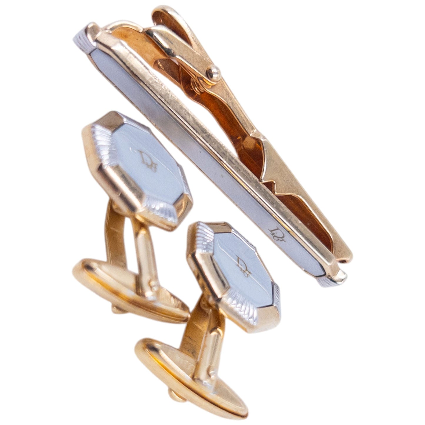 Vintage 90s Dior Embossed Cufflinks & Tie Clip Set | O/S, Gold