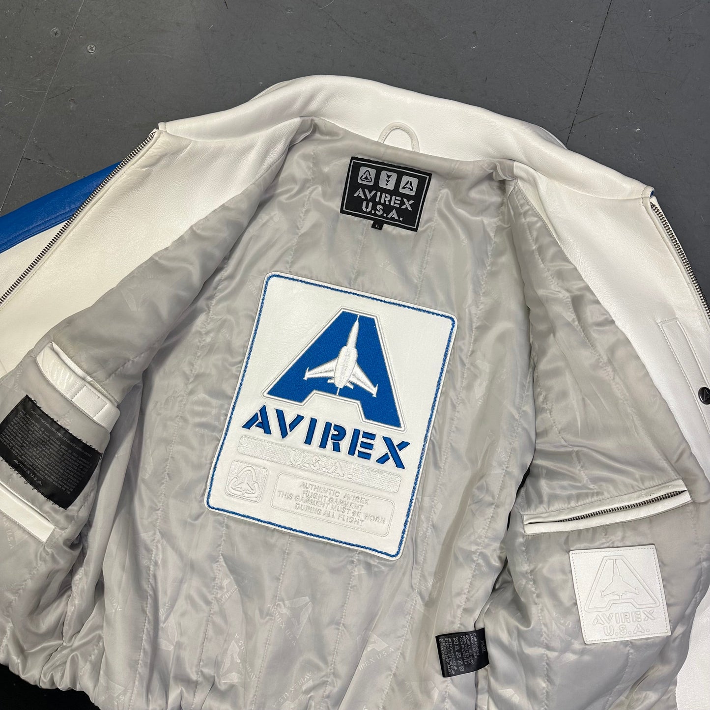 Avirex Fighter Jet Leather Jacket In White & Blue ( L )