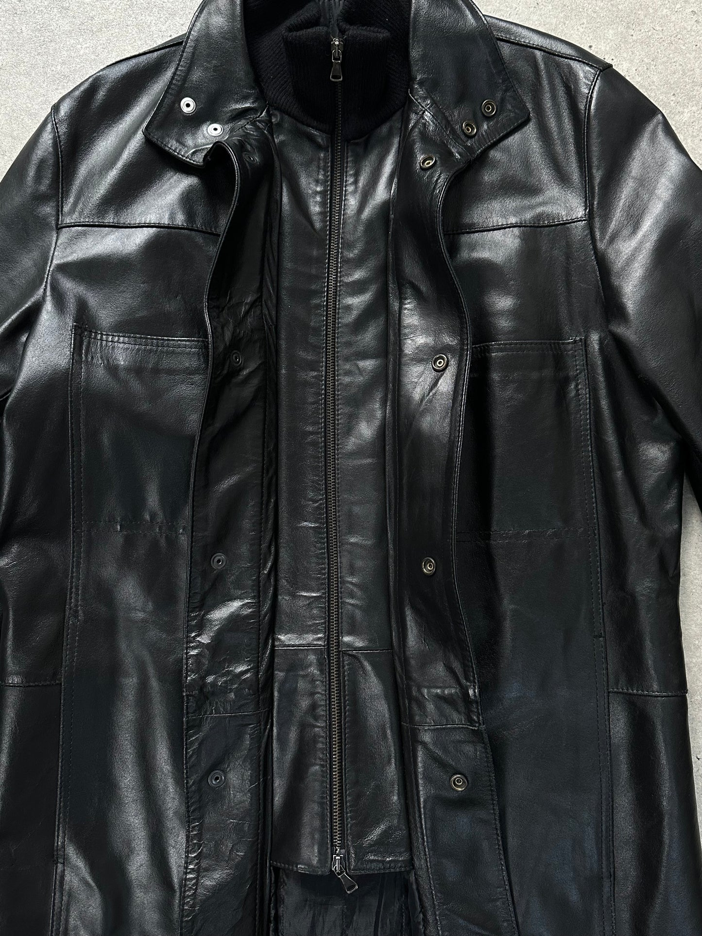 Italian Vintage 1990s Funnel Neck Leather Trench Coat - XL