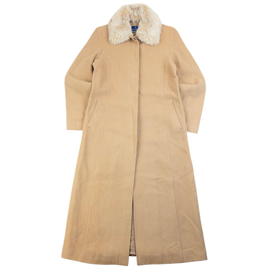 Vintage 90s Burberry Fur Collar Longline Wool Jacket Womens Size M | Medium, Beige
