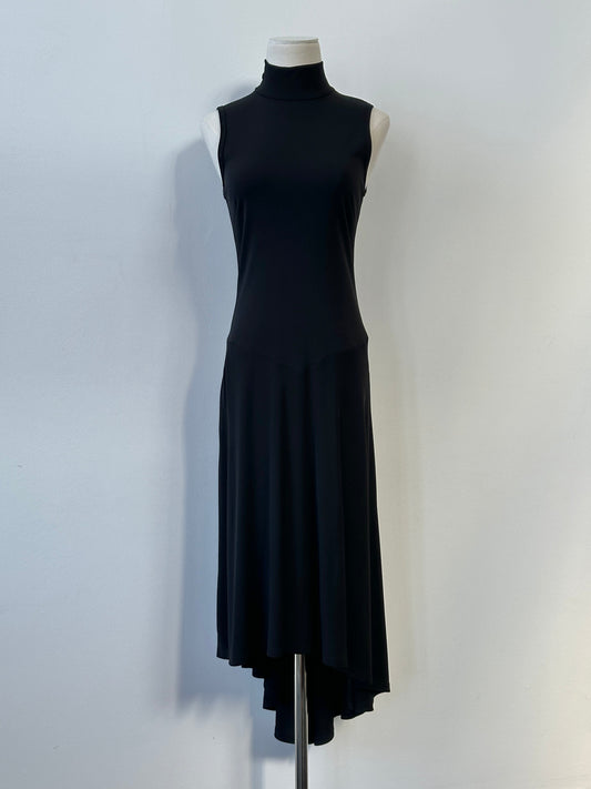 Donna Karan DKNY 1990s high neck asymmetric sleeveless dress in black, featuring bold neckline and modern cut, displayed on a mannequin.