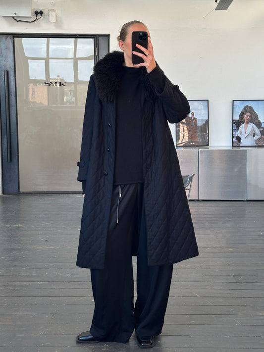 Vintage 1990s Wool Quilted Fur Collar Coat - M