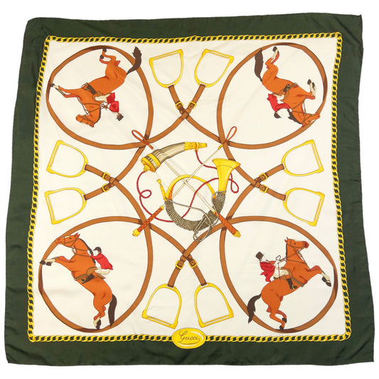 Vintage 90s Gucci Equestrian Horse Bit Print Silk Scarf | O/S, Green, Yellow, Brown, White