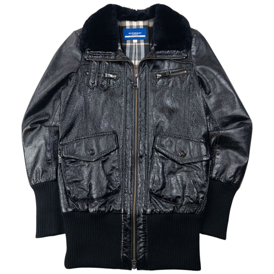Vintage 2000s Burberry Fur Collar Nova Check Lined Leather Jacket Womens Size L | Large, Black