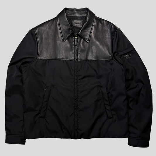 Prada 2013 Triangle Logo Gabardine Nylon & Leather Blouson Jacket - L/XL | O/S, Black