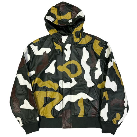 Supreme FW19 Camo Hooded Leather Jacket in a multi-color camouflage pattern.