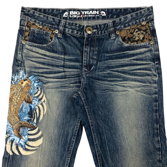 Vintage Big Train Embroidered Koi Patchwork Japanese Denim Jeans Size W37