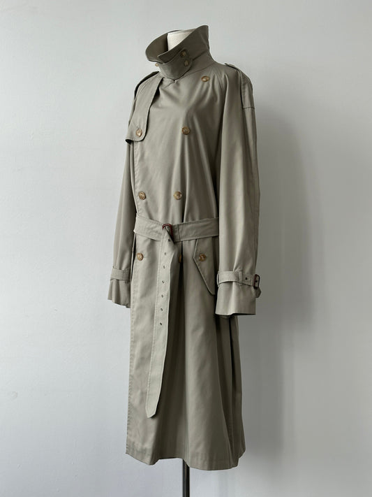 Vintage Italian 1990s high neck belted trench coat in XL, showcasing classic design, high collar, and belt detail on a neutral background.